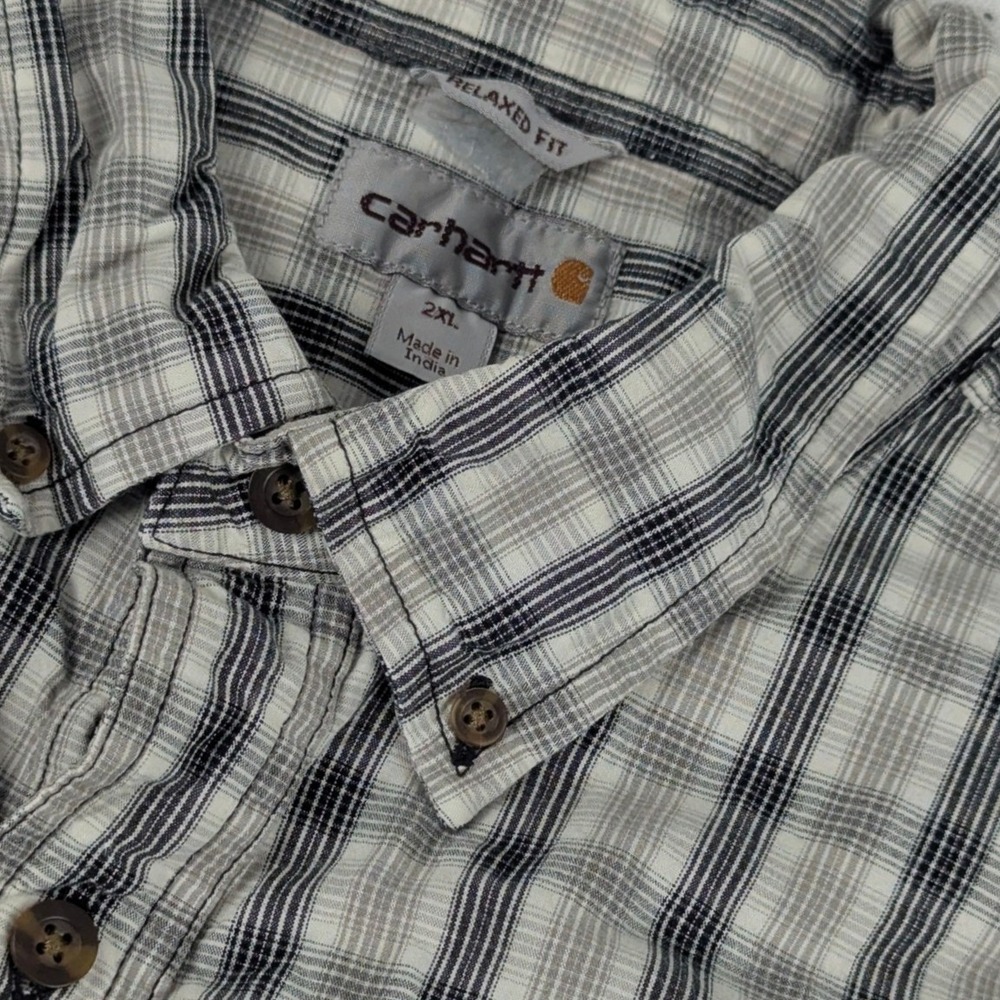 Carhartt Mens 2XL Relaxed Fit Plaid Short Sleeve Button Down Shirt Grey 101155